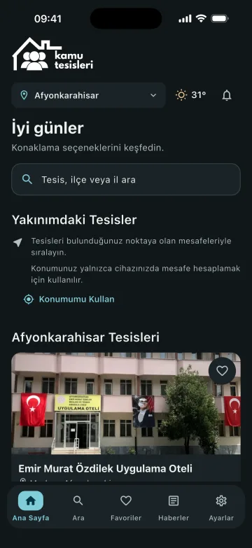 Kamu Tesisleri uygulamasının koyu görünümde ana sayfası