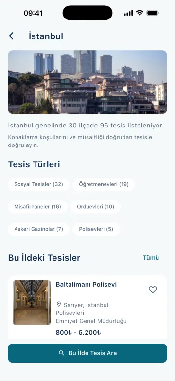 Kamu Tesisleri uygulamasında İstanbul il sayfası ve tesis türleri